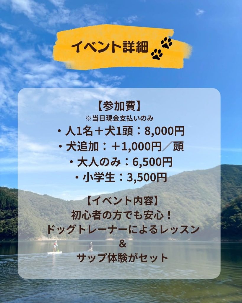 DOG SUPイベントの参加費と体験内容。大人1名と犬1頭8,000円、犬追加1頭1,000円、大人のみ6,500円、小学生3,500円